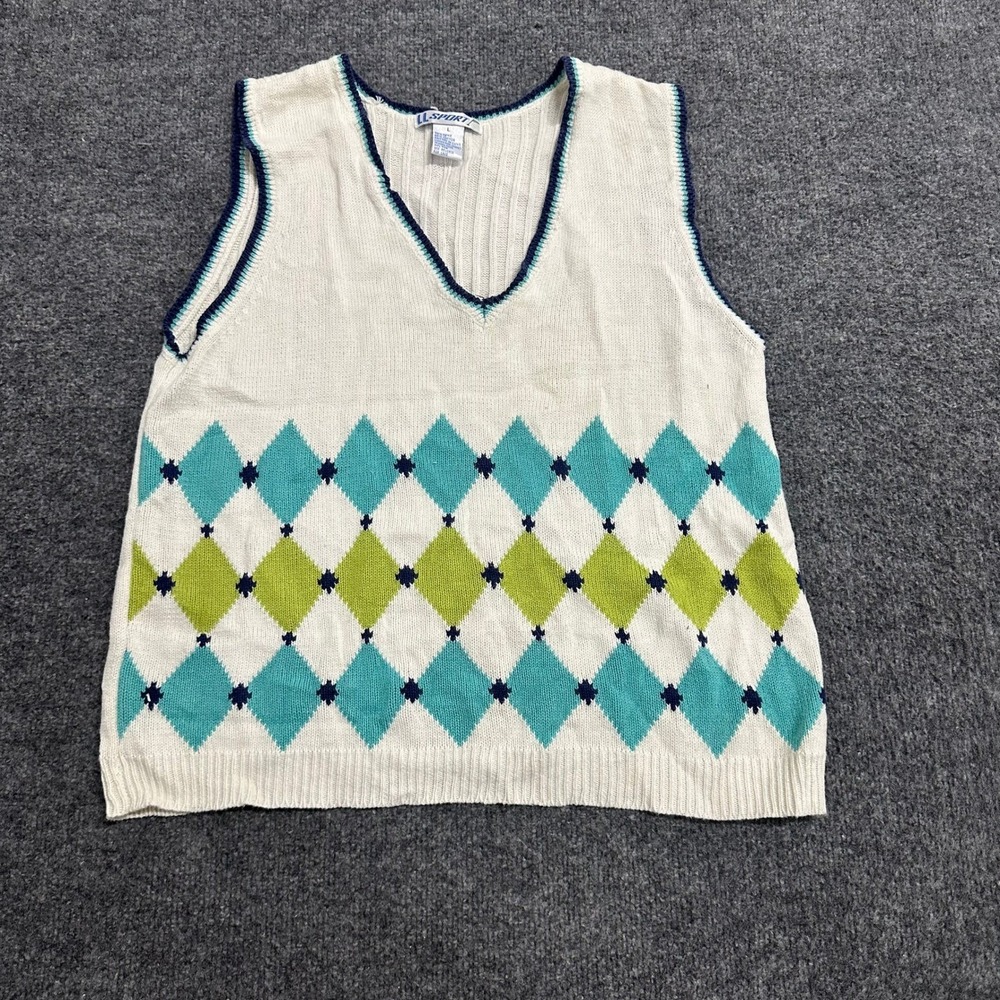 LL Sport Sweater Vest Womens Size L White Argyle Cotton Knit V-Neck Rips Fair